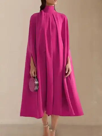 Yeezzi Female Summer Vintage Elegant Party Evening Dress Batwing Sleeves Lace-Up Solid Color High-Neck Midi Dresses For Women