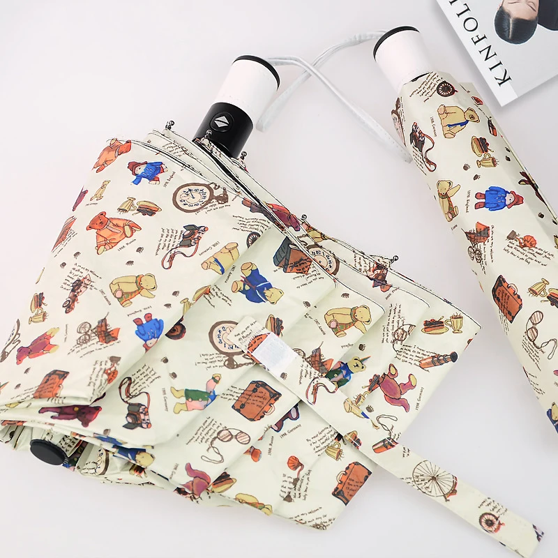 

Cute Cartoon Automatic Windproof Fashion Umbrella Luxurious Leather Handle Black Coating Anti-UV Parasol