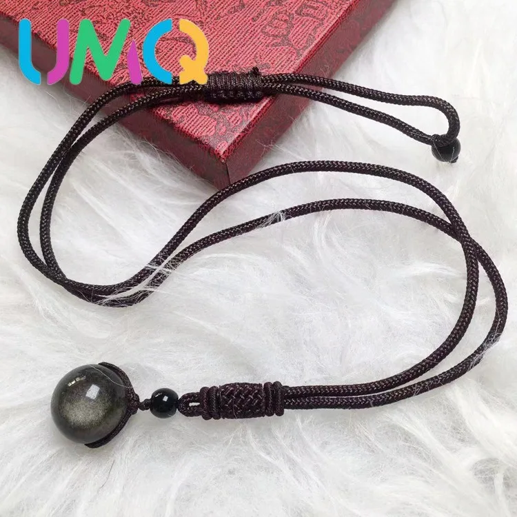 

Mesa Crystal Natural Obsidian Single Bead Pendant 12-16mm Rope Adjustable Length