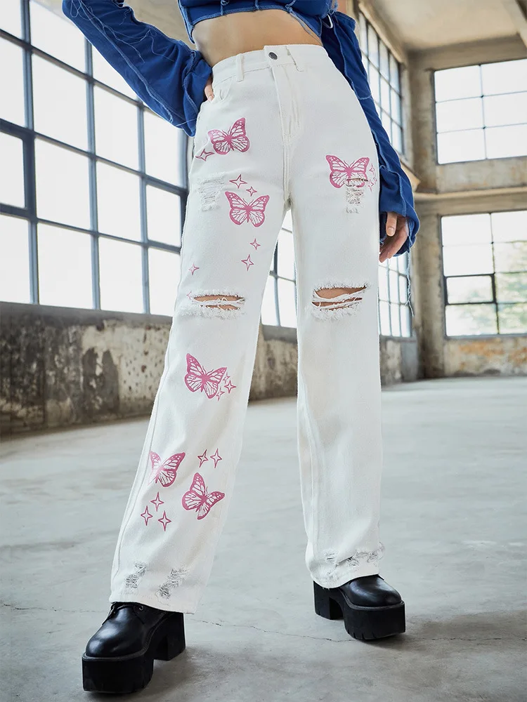 Ripped Jeans Women Straight Leg Mom Jeans High Waist Loose Fit Pants Denim Butterfly Print Cotton Trousers Streetwear 2022 New