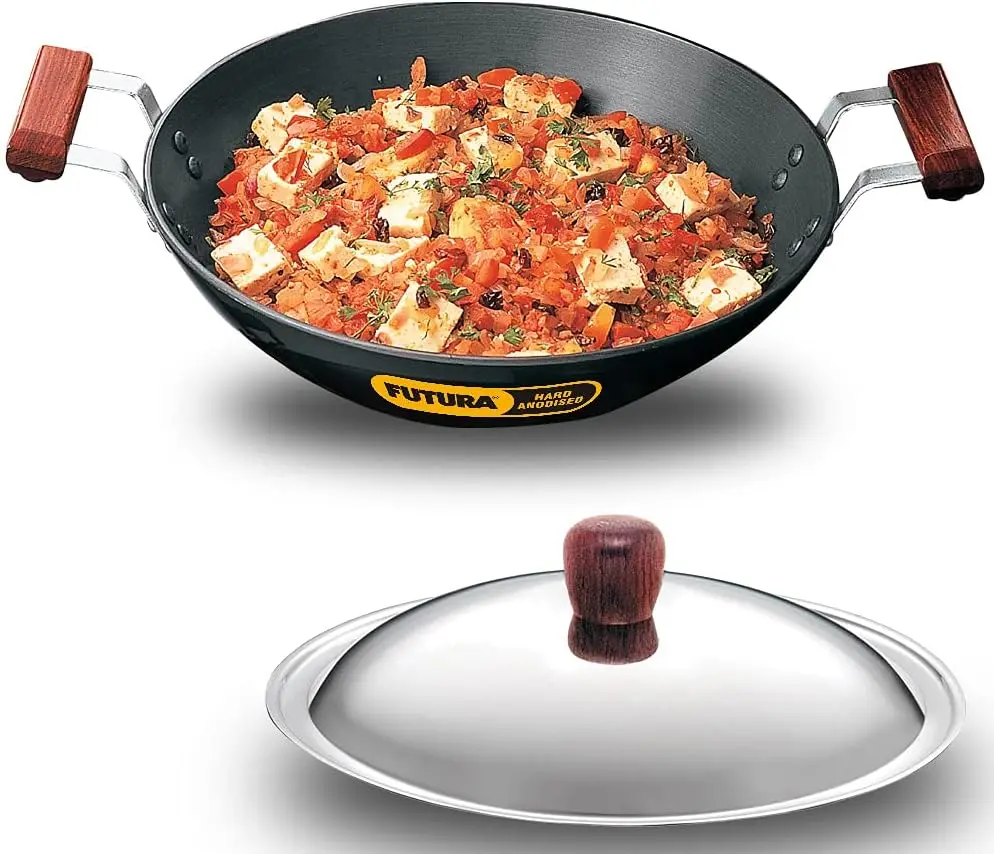 

Hard Anodised Deep Fry Pan/Kadhai with Flat Bottom and Steel Lid, 2.5 Liter, Small, Black Metal bundt cake pan Air fryer silicon