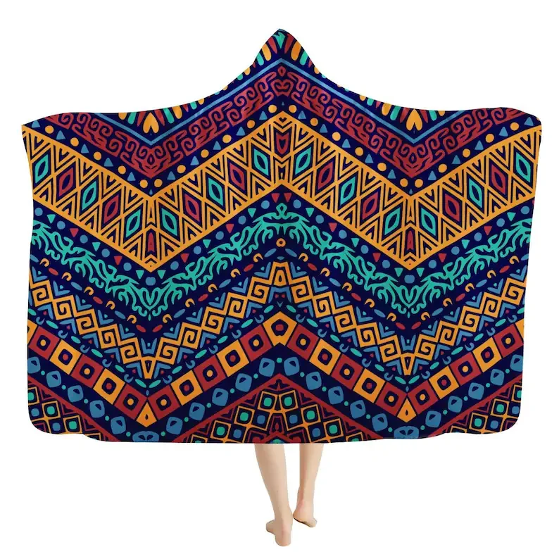 

Ethnic Ornament Hooded Blanket - Aztec Blanket Hoodie, Tribal Blanket, Comfy Snuggle Blanket, Soft Blanket, Wearable Sherpa