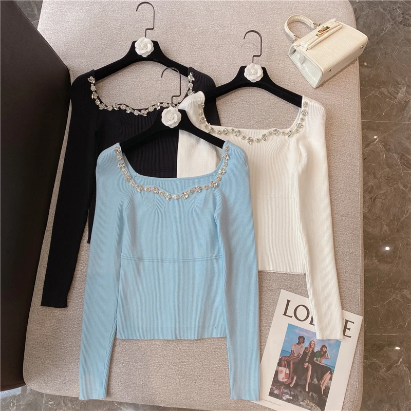 

ZCSMLL 2021 осень-зима новый стиль милый ручной работы Стразы край сексуальный тонкий U-образный вырез с длинными рукавами облегающий свитер