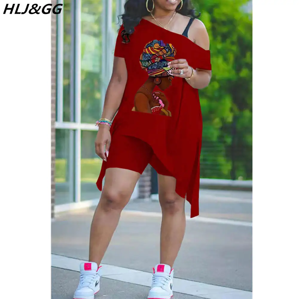 

HLJ&GG Fashion Character Pattern Irregular Long Top And Biker Shorts Two Piece Sets Sexy Off Shoulder Streetwear 2pcs Outfits
