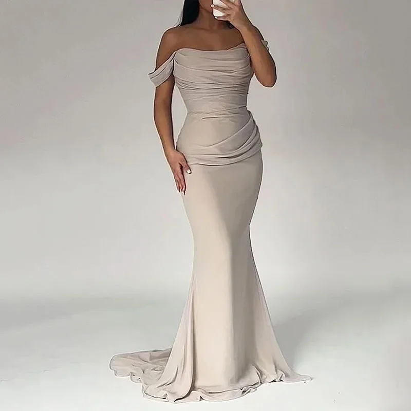 

Dresses for Women 2023 Summer Elegant Sexy One-Shoulder Tight Pleated Fishtail Long Dress Solid Party Women's Dress Vestidos