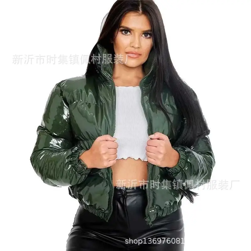 Women's Autumn and Winter Leather Padded Jacket Solid Color Mirror Zipper Jacket Large Size