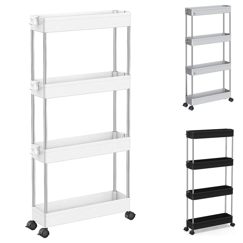 

4 Tier Slim Storage Cart Mobile Shelving Unit Organizer Slide Out Storage Rolling Utility Cart Tower Rack