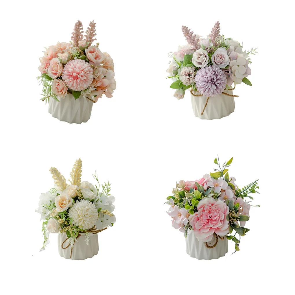 

Artificial Flowers Ceramic Vase Faux Silk Rose Plants Decorations Planter