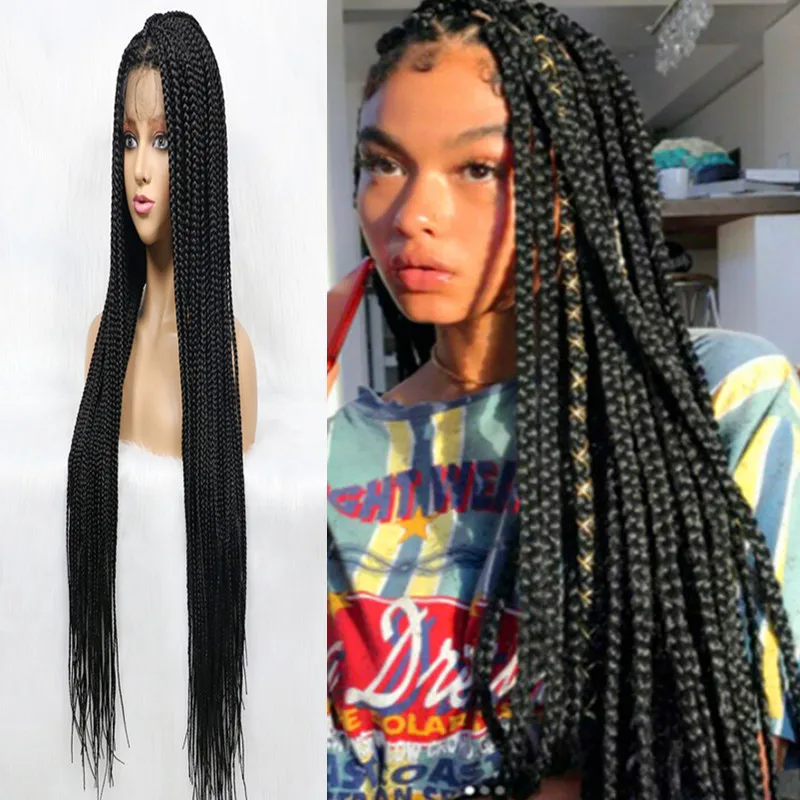 

Synthetic Black Hair Long Braids Wigs Full Lace Wig Black High Temperature Fiber Cosplay Wig Braided Box for Women Lace Wigs