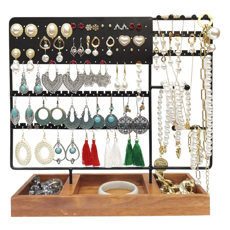 

Держатель-подставка для ювелирных изделий с деревянным лотком, 5-уровневый органайзер для ювелирных изделий с 188 отверстиями для сережек, дл...