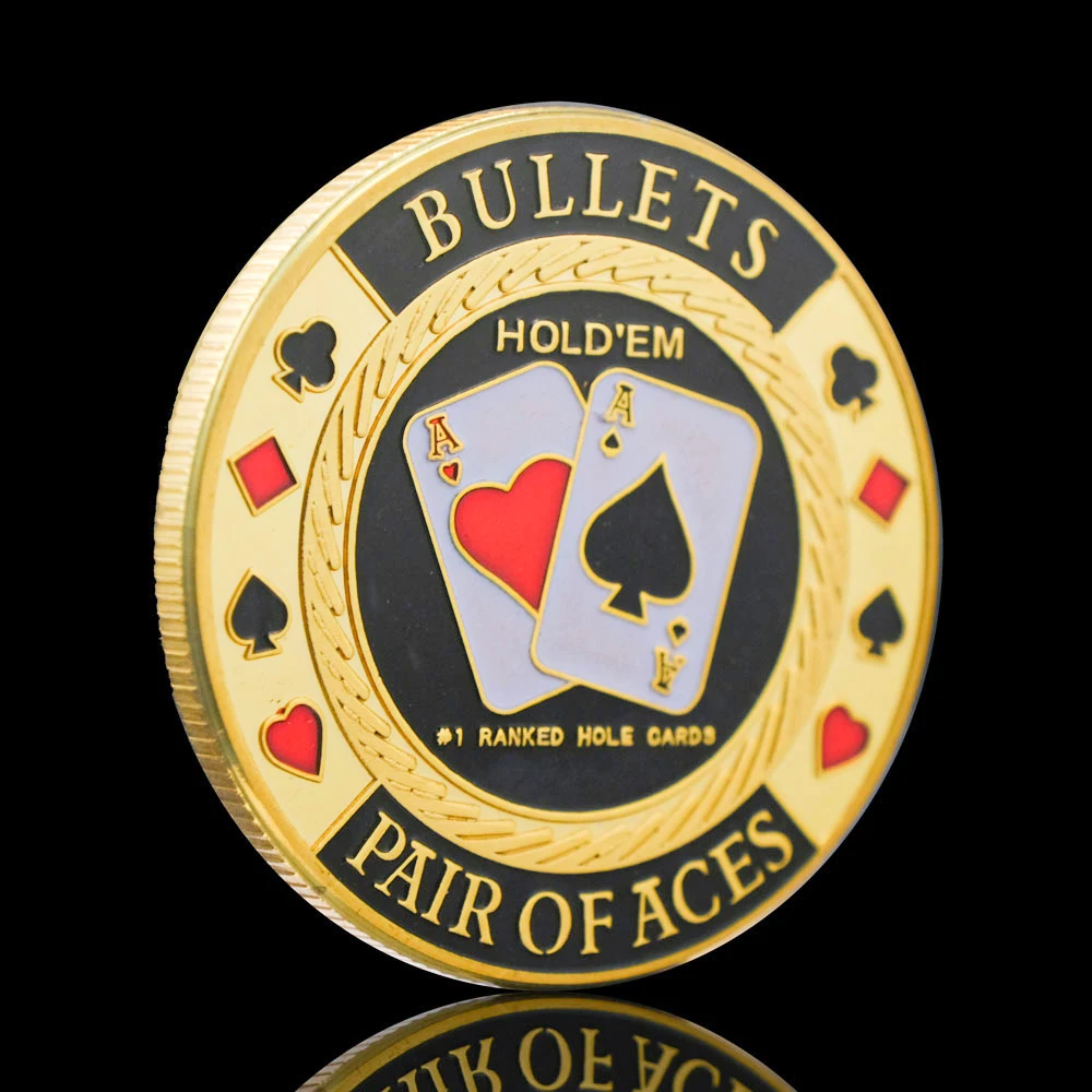 Gold Plated Bullets Pair Of Aces Hold'Em Poker Card Guard Lasvegas Fichas Challenge Coin Premier Souvenirs Collectible Coins