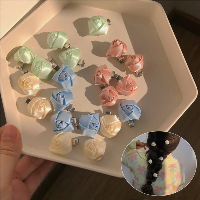 

1 Set INS Fairy Headwear Mini Camellia Hair Clips Princess Style Rose Flower Small Hairpins Satin Flowers Duckbill Side Clips