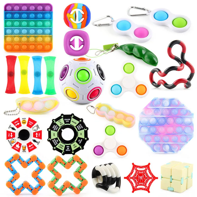 

24pcs/set Fidget Toys Set Sensory Bubble Popper Hand Spinner Kit Kid Adults Stress Relief Hand Soft Toy Pack With Storage Box