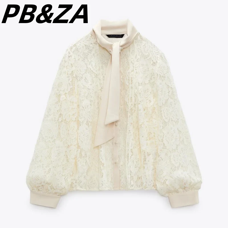 

PB&ZA 2023 new women's clothing bowknot sweet translucent self-cultivation all-match lace shirt top women 4387279