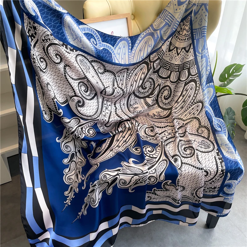 

2022 Summer Silk Square Scarf for Women Luxury Brand Print Shawl Wraps Female Fashion Headkerchief Hijab Beach Stoles Bandana