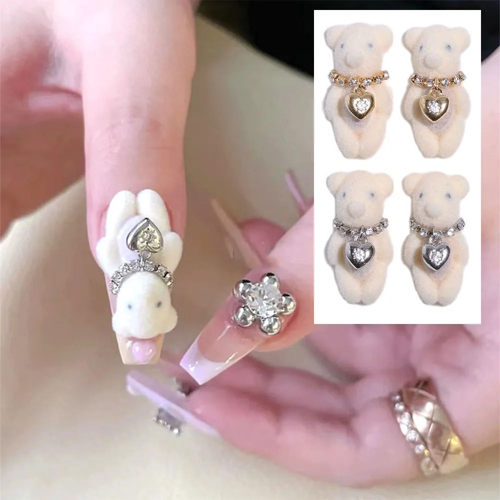 20PC Kawaii Pomp Bear Toy Wears Zircon Pendant Heart Necklace Nail Art Zircon Rhinestone Chain Alloy Manicure Luxury Accessories