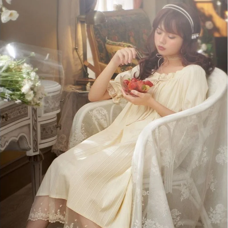 Princess Style Nightdress for Women 2021 New Summer Kawaii Lace Night Gown Sweet Plus Size Dress Calf Nightwear Ruffles Homewear