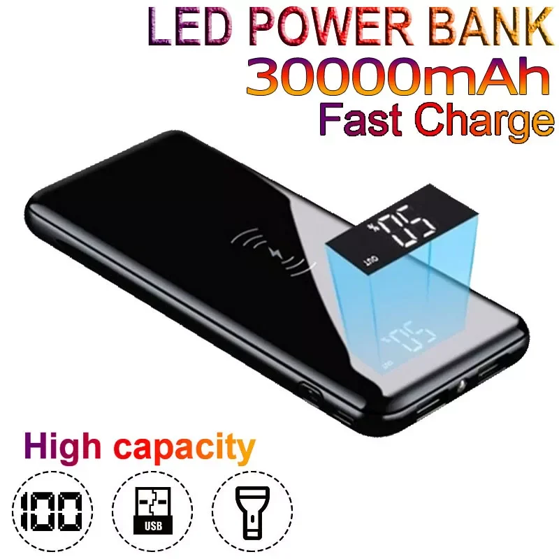 

2023New 30000mAh wireless solar power bank external battery PoverBank 2USB LED portable mobile phone wireless charger for Xiaomi