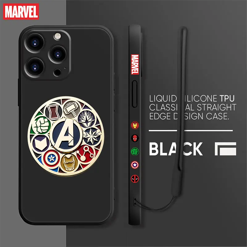 

Luxury Square Liquid Silicone Phone Case For iPhone 13 12 11 Pro Max Mini X XR XS Max 7 8 6s Plus Marvel Superhero Avenger Logo