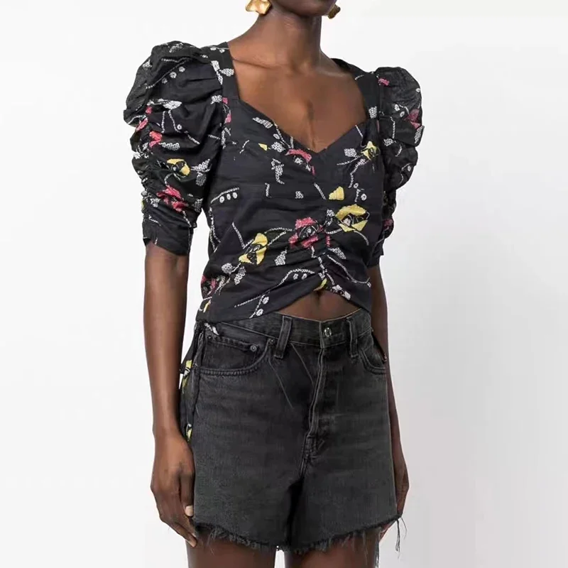 

2023 Spring and Summer New Women Printed Pleated Square Collar Drawstring Waist Slimming Top