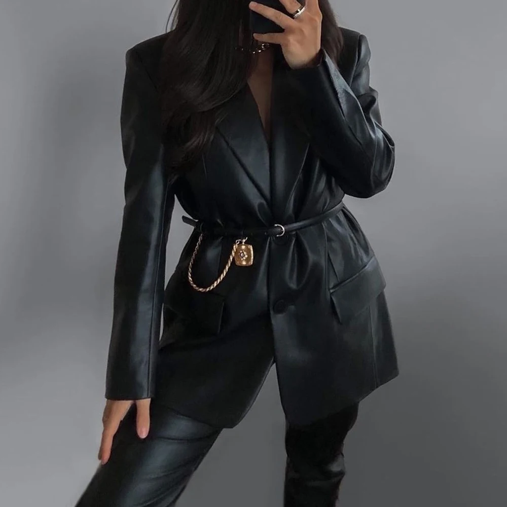 Black Faux Leather Jacket High Street Long Coat Women Long Sleeve Lapel Single Breasted Jackets New Autumn Winter Female Coats