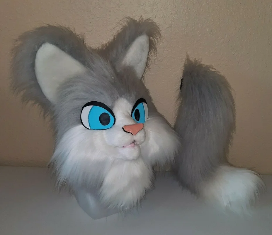 Gray Cat Mascot Fursuit Partial Animal Kitty Cosplay Costume Head and Tail