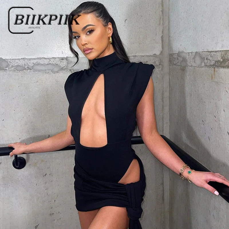 

Уличная одежда BIIKPIIK, сексуальные черные комплекты из двух предметов, боди без рукавов с головой и вырезом + бандажные мини-юбки, костюмы, одежда в клубном стиле, Новинка