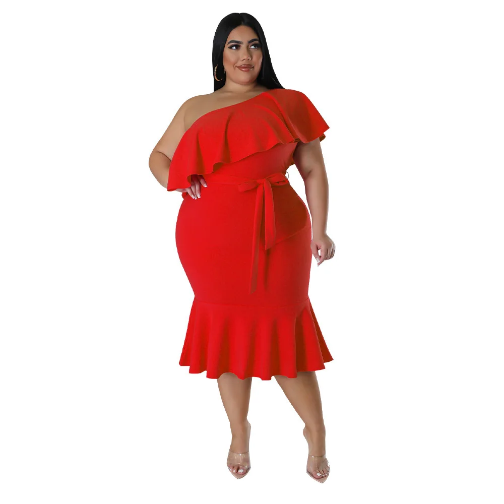 Plus Size Women's Dress Fashion Slim Casual Ruffle Edge Smocked Mid-length Dress Large Size Female Solid Color Elegant Dresses