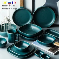 8pcs high fashion retro green nordic ceramic tableware set dinnerware set bowl plate soup bowl set modern style high end