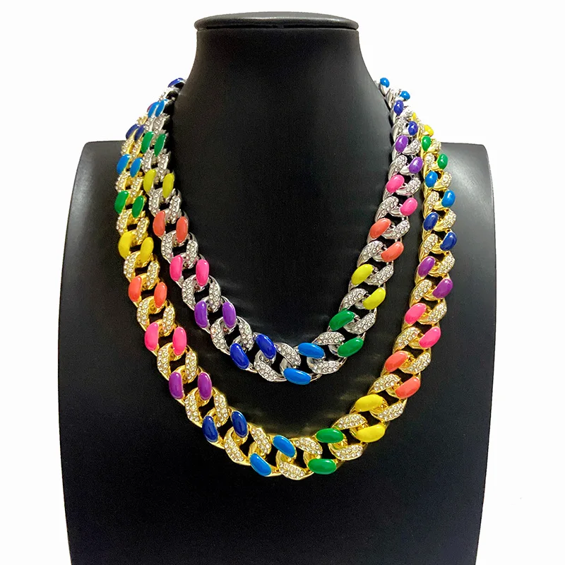 

Hip Hop Rapper 16mm Rainbow Color Block Fashion Men's Necklace Choker Hip Hop Full Diamond Ice Crystal Cuban Necklace Jewelry