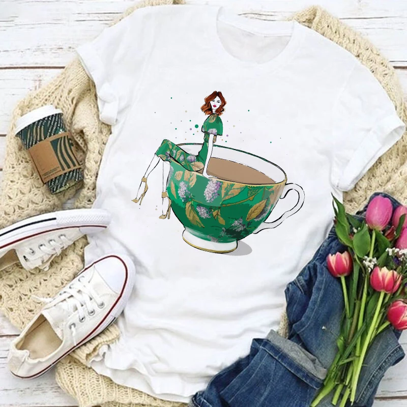 

Hot Spring Summer Coffee Girl Graphic Women's T-Shirt Coffee Girl Graphic Tees soft Shirts For women O-Neck Short Sleeve