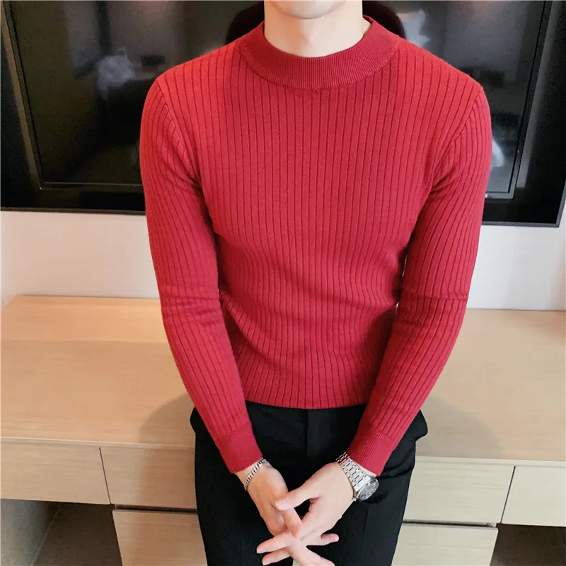 2022 British Style Men Winter Solid Color Dark vertical stripes Turtle Pullover Knitted Shirt Slim Sweater Men Knitted  S-4XL