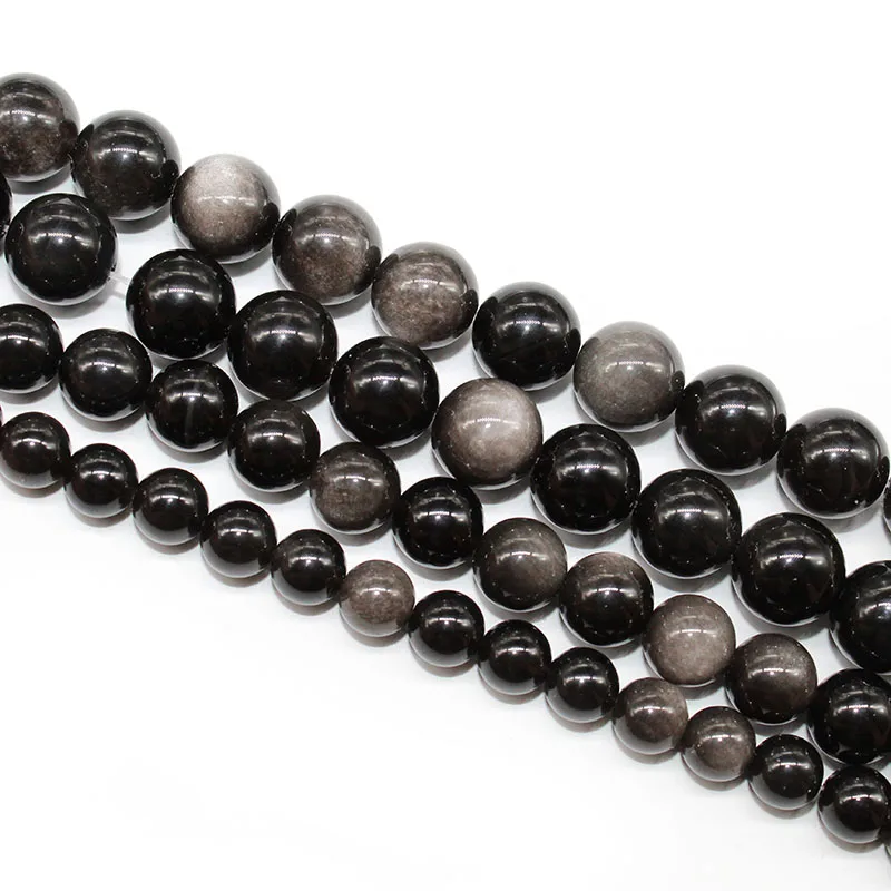 Круглые Бусины Из силвера из натурального камня обсидиан 15 дюймов нитка 4 6 8 10 12 14
