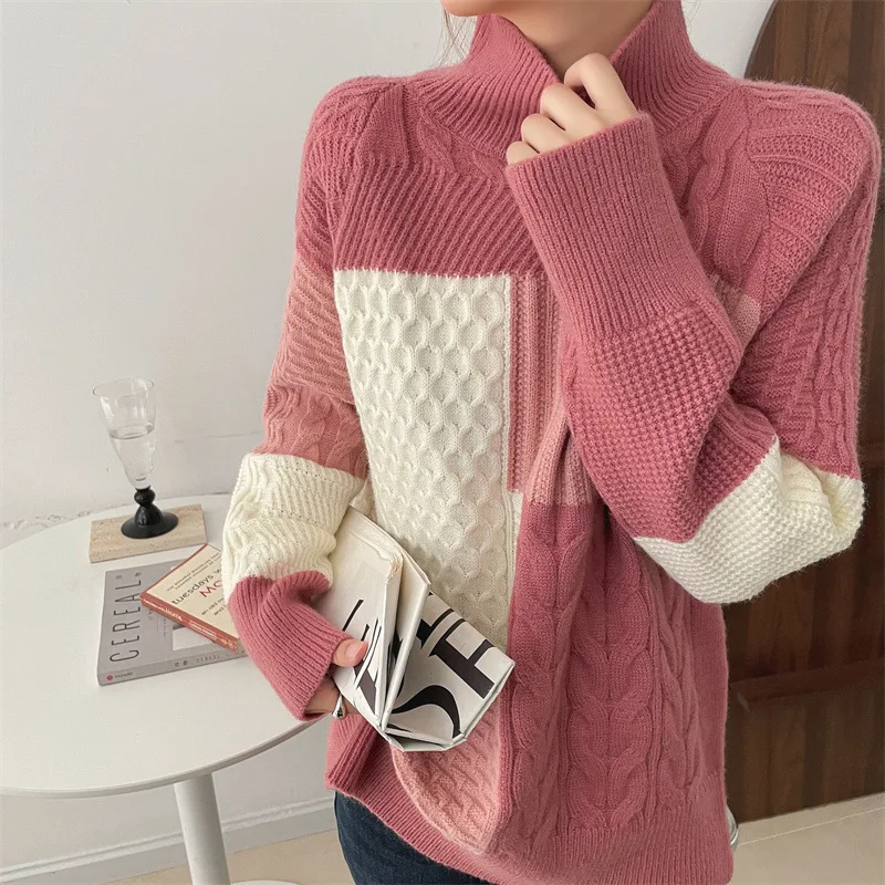 

Женский утепленный вязаный свитер, Повседневный пуловер свободного покроя с высоким воротником, модный теплый джемпер в Корейском стиле, О...