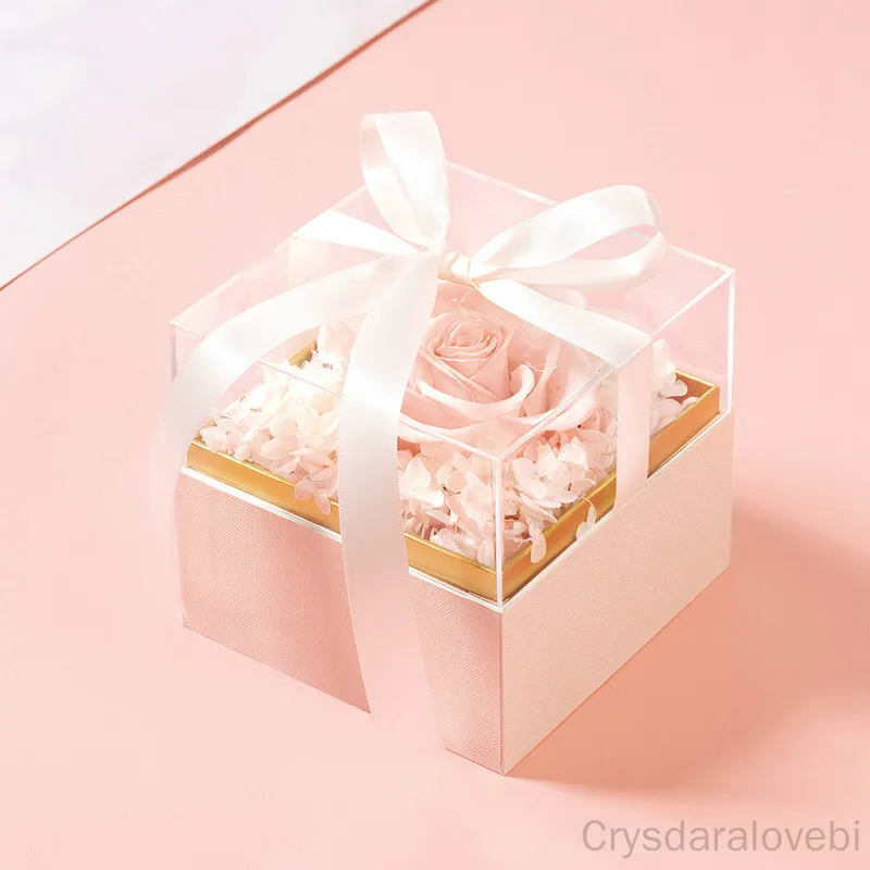 

Square Acrylic Gift Box with Ribbon Rose Bouquet Arrangement Surprise Box Craft DIY Present Souvenir Gift Wrapping Boxes
