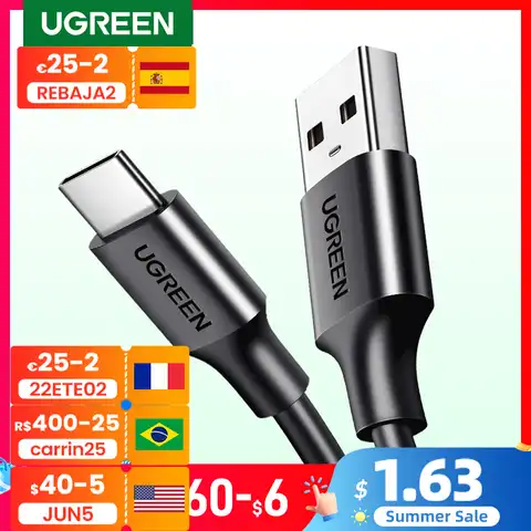 Кабель USB-Type С Ugreen для быстрой зарядки QC 3.0, длина 0,25/0,5/1/1,5/2м, черный/белый/серый/серебристый