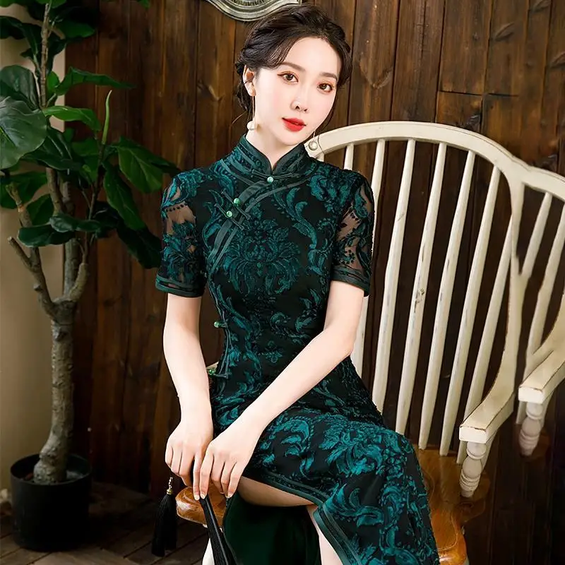 Old Shanghai-Cheongsam largo de encaje para mujer, vestido verde Retro ajustado, Otoño, 2023