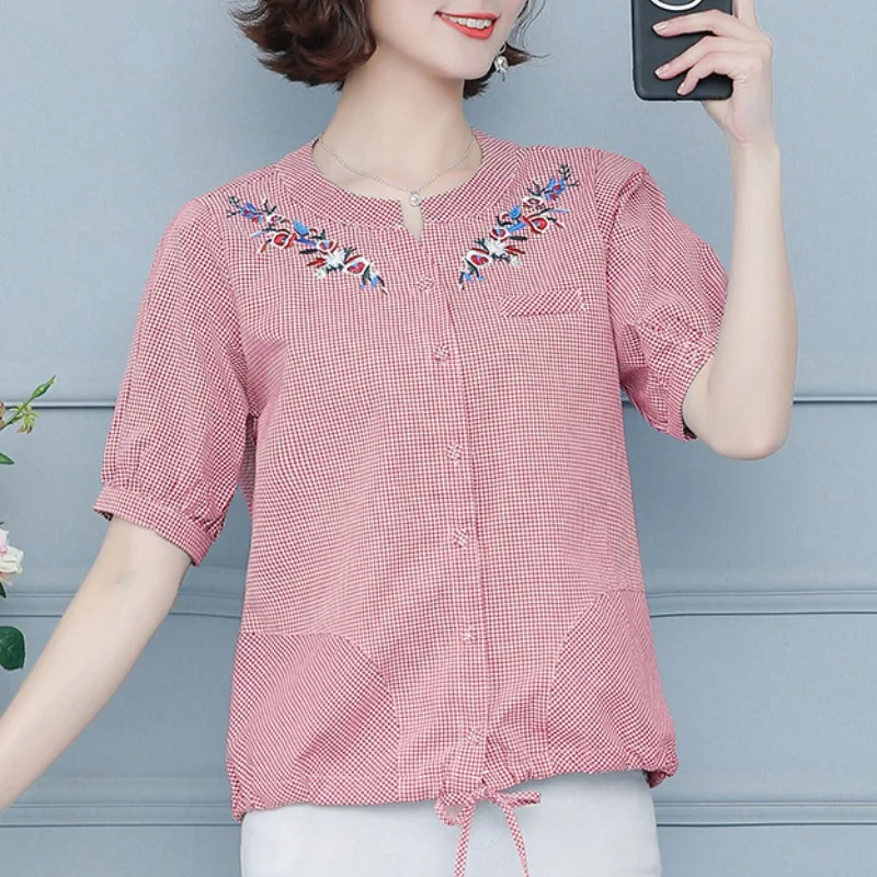 Fashion O-Neck Spliced Bandage Embroidery Lattice Shirt Women's Clothing 2023 Spring New Oversized Casual Tops Commute Blouse