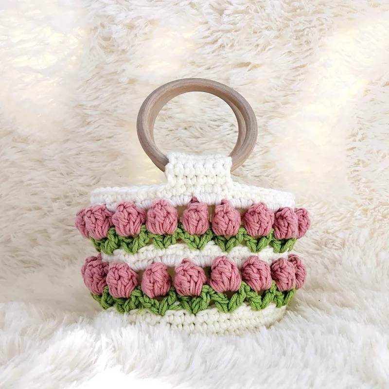 

Fashion Hand Woven Polyester Ladies Handbag Wooden Handle Casual Bucket Bag Knitted Cutout Flower Tote Bag