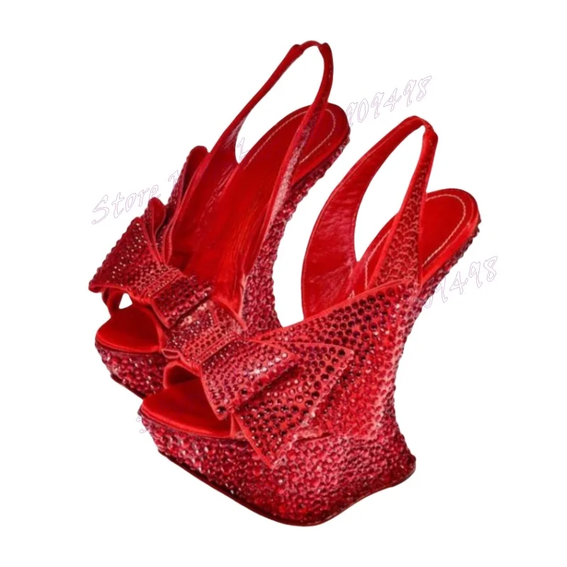 Женские босоножки на платформе красные туфли каблуке с бантом привлекательные