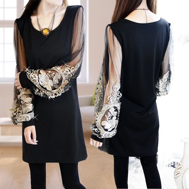 

Vintage Mesh Embroidery Patchwork Sexy Club Mini Dress Women Autumn Fashion O-Neck Long Sleeve Black Loose Dresses Vestidos 4XL