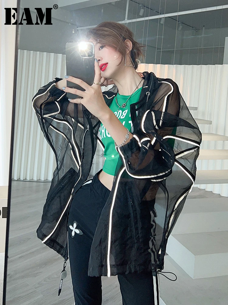 

[EAM] Loose Fit Black Perspective Big Size Jacket New Hooded Long Sleeve Women Coat Fashion Tide Spring Autumn 2022 1DE9606