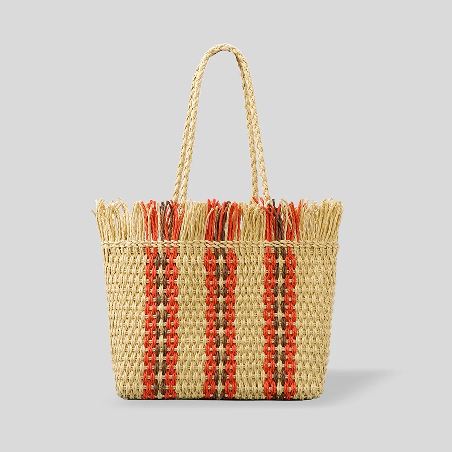 

Casual Striped Tassel Large Capacity Straw Tote Bag Rope Woven Women Shoulder Bags Handmade Summer Beach Handbags Big Bali Purse
