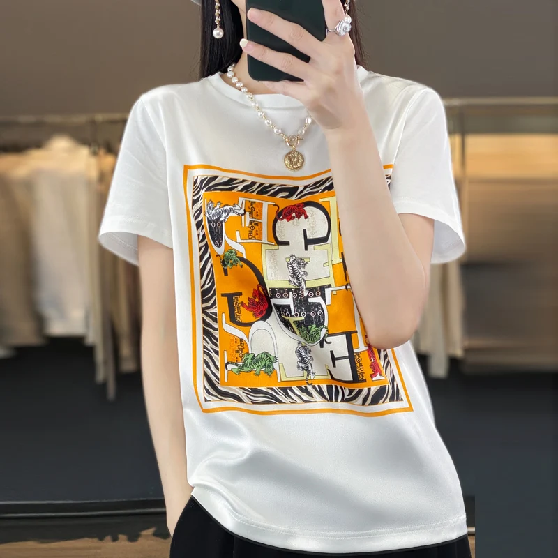 

2023 Summer Silk Short-Sleeved Women's T-shirt Silk short sleeve Women