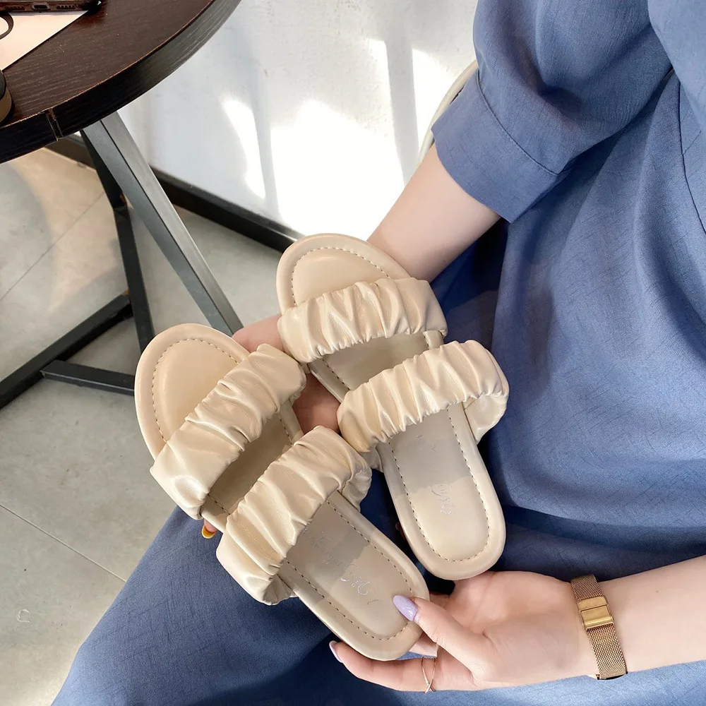 

Slippers Casual Flat Shoes Female Slipers Women Lady Slides Low Luxury 2022 Girl Basic Rome PU Spring Rubber Hoof Heels Fabric