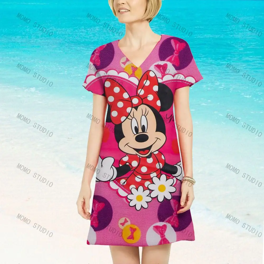 

Boho Beach Dress Disney Women's Summer Minnie Mouse Dresses Woman 2022 Mickey Y2k Chic Elegant Sexy Loose Casual Cartoon Party
