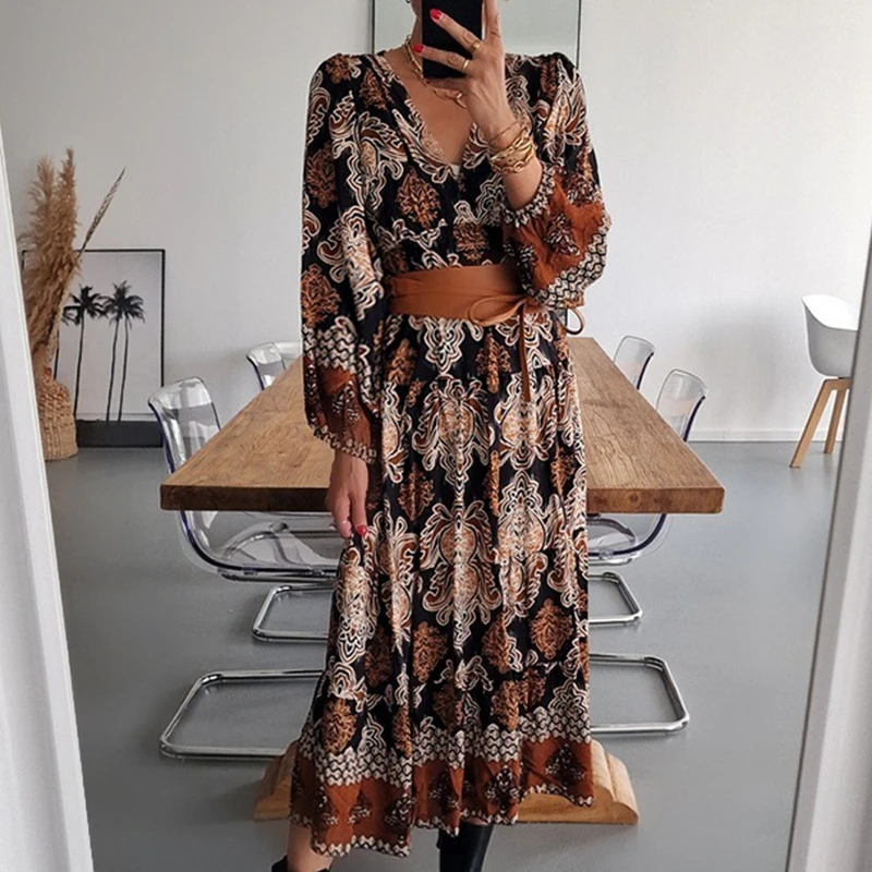 Women Fashion Pattern Printed Dress Autumn Office Casual Long Sleeve Pleated Dress Lady Vintage Loose High Waist Dresses Vestido