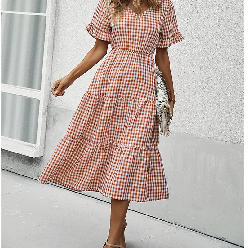 

Ladies Plaid Dress Short Sleeve V Neck Casual Midi Dress Flowy Swing Plaid Dress Casual Loose Waist Dress
