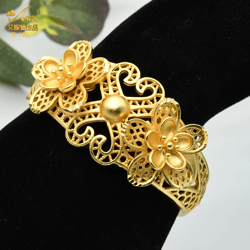 

ANIID African Adjustable Chain Bangle For Women Dubai Gold Plated Cuff Bracelet Nigerian Wedding Flowers Pattern Jewelry Gifts