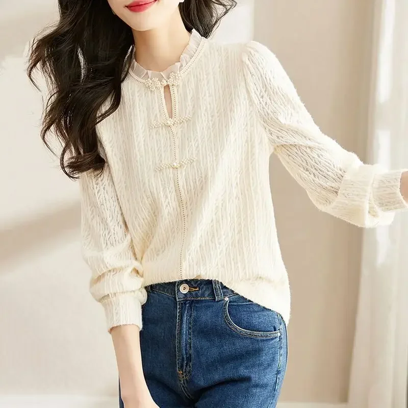 Женские блузки с рюшами M-5XL нежные винтажные китайские пуговицы утепленные